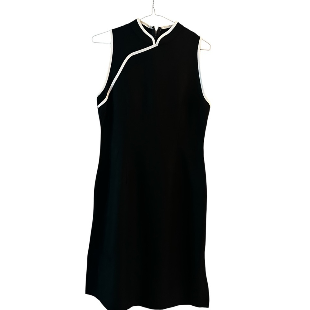 TRISTAN LINEN BLEND MANDARIN Collar Sleeveless Dress Black w/white trim